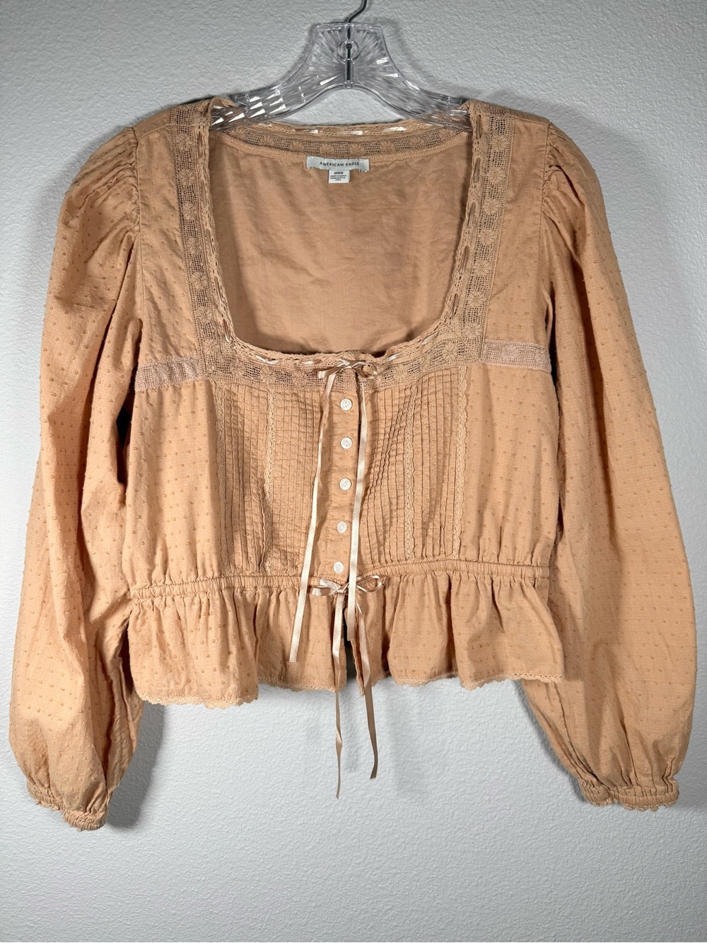 American Eagle Outfitters Women’s M Tan Lace-Trim Button Front Peasant Blouse